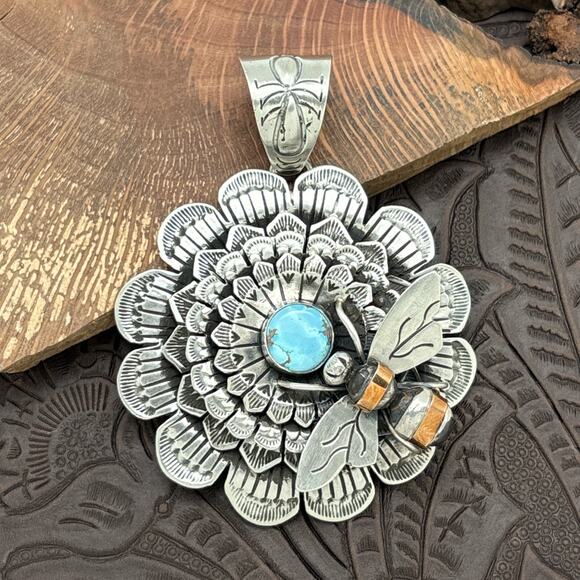 Patricia Yazzie Jewelry - PATRICIA YAZZIE Navajo Sterling Golden Hills Turquoise Flower Pendant Bumblebee